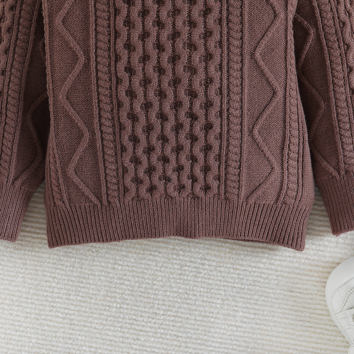 Boys Brown Cable Knit Self Design Turtle Neck Ribbed Cotton Pullover