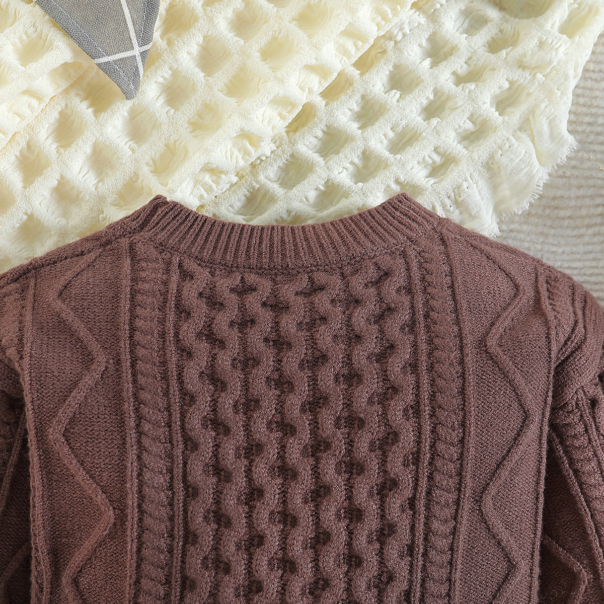 Boys Brown Cable Knit Self Design Turtle Neck Ribbed Cotton Pullover