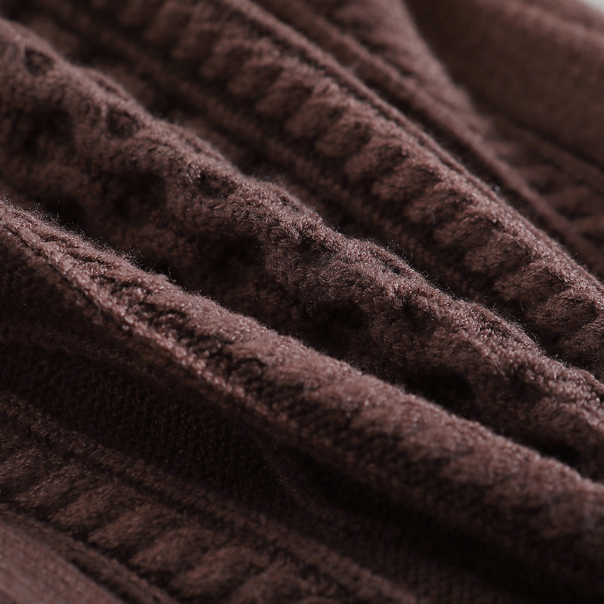 Boys Brown Cable Knit Self Design Turtle Neck Ribbed Cotton Pullover