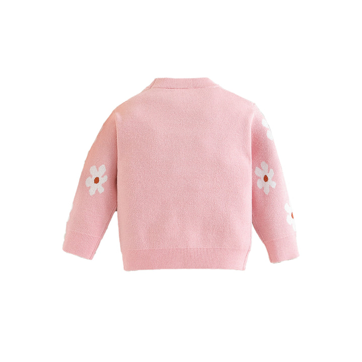 Girls Pink Floral Printed Pullover Cotton Sweater