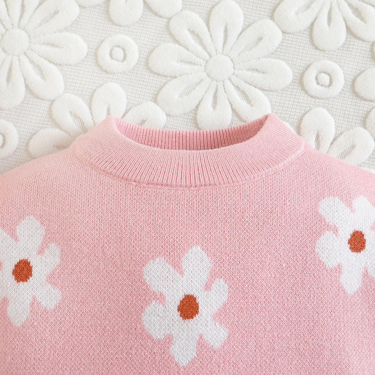 Girls Pink Floral Printed Pullover Cotton Sweater