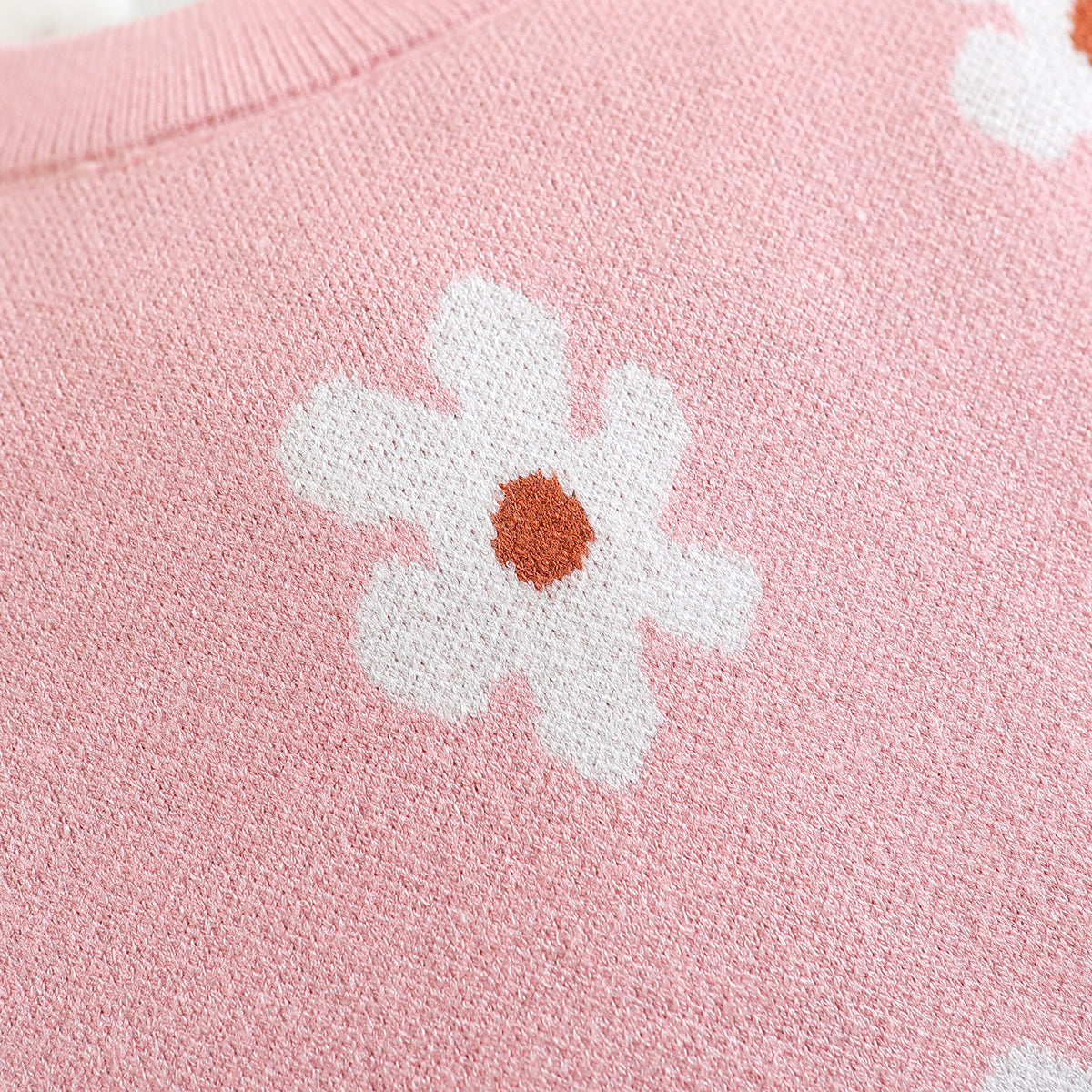 Girls Pink Floral Printed Pullover Cotton Sweater