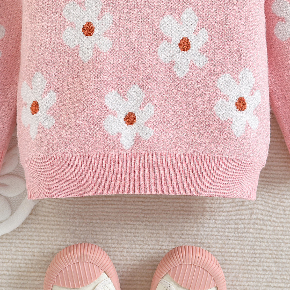 Girls Pink Floral Printed Pullover Cotton Sweater