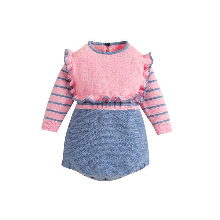 Infants Girls Pink Colourblocked Round Neck Long Sleeve Cotton Rompers