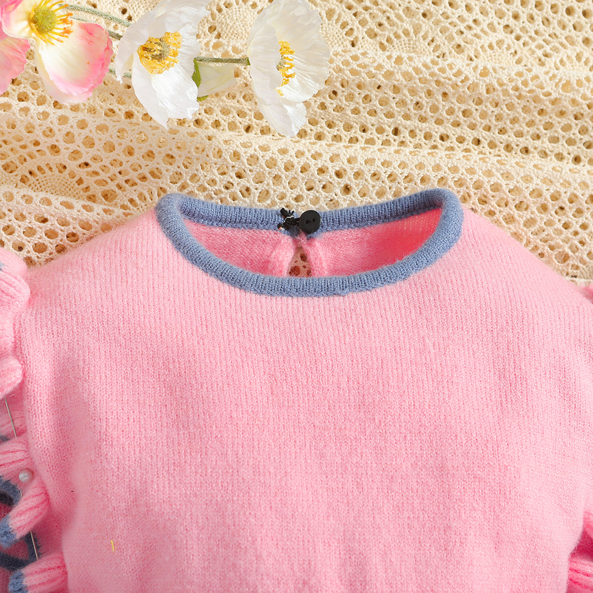 Infants Girls Pink Colourblocked Round Neck Long Sleeve Cotton Rompers