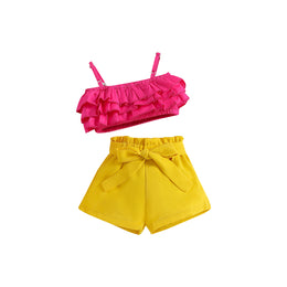 Girls Pink Shoulder Strap Ruffles Top with Shorts