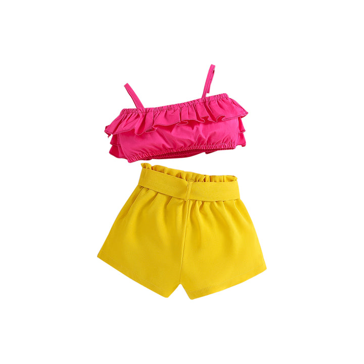 Girls Pink Shoulder Strap Ruffles Top with Shorts