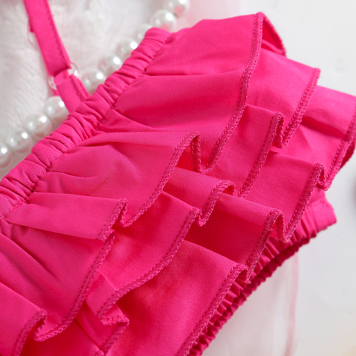 Girls Pink Shoulder Strap Ruffles Top with Shorts