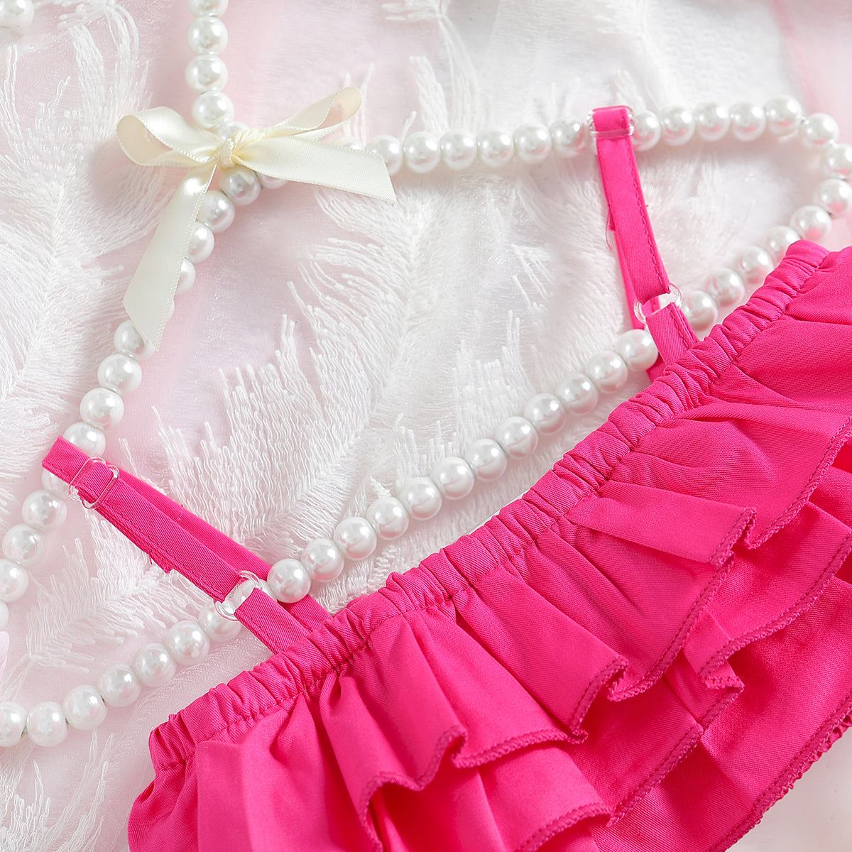 Girls Pink Shoulder Strap Ruffles Top with Shorts