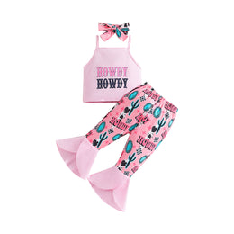 Girls Pink & Black Typography Printed Top With Tulip Hem Palazzo