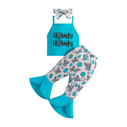 Girls Blue Printed Top & Palazzos With Hairband