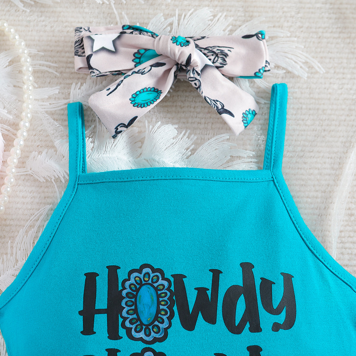 Girls Blue Printed Top & Palazzos With Hairband