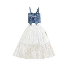 Girls Blue & White Shoulder Straps Top with Skirt