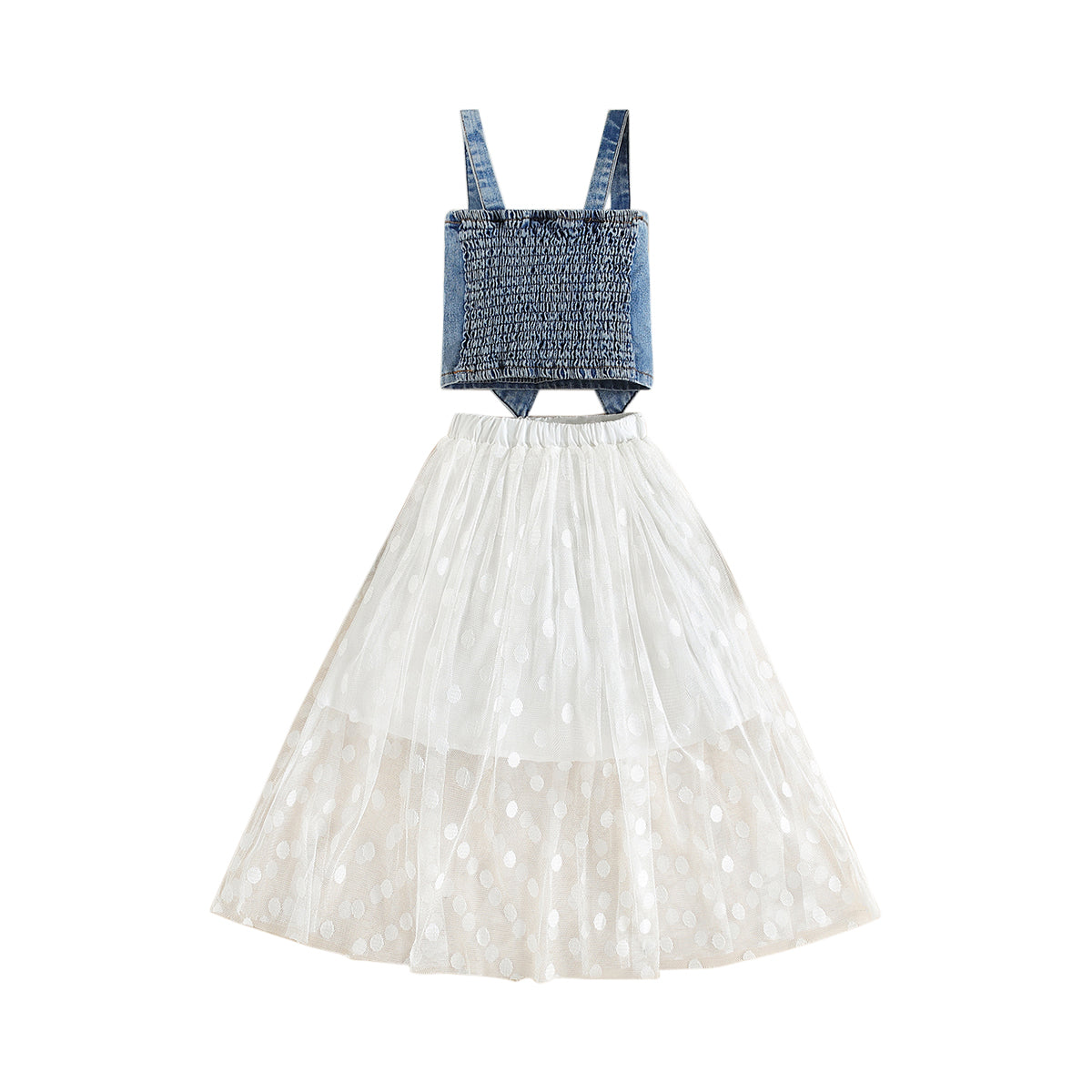 Girls Blue & White Shoulder Straps Top with Skirt