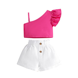 Girls Pink One Shoulder Top with Shorts
