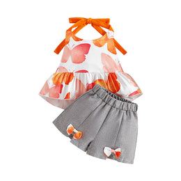 Girls White Conversational Printed Top with Shorts