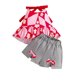 Girls Fuchsia Shoulder Strapped Printed Top with Shorts