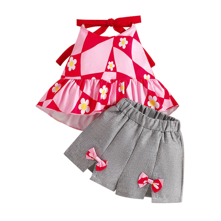 Girls Fuchsia Shoulder Strapped Printed Top with Shorts