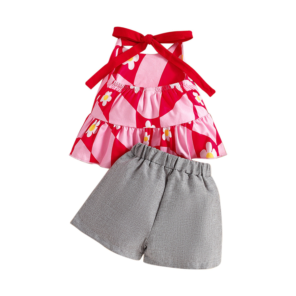 Girls Fuchsia Shoulder Strapped Printed Top with Shorts