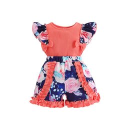 Girls Orange Floral Printed Ruffled Top with Shorts