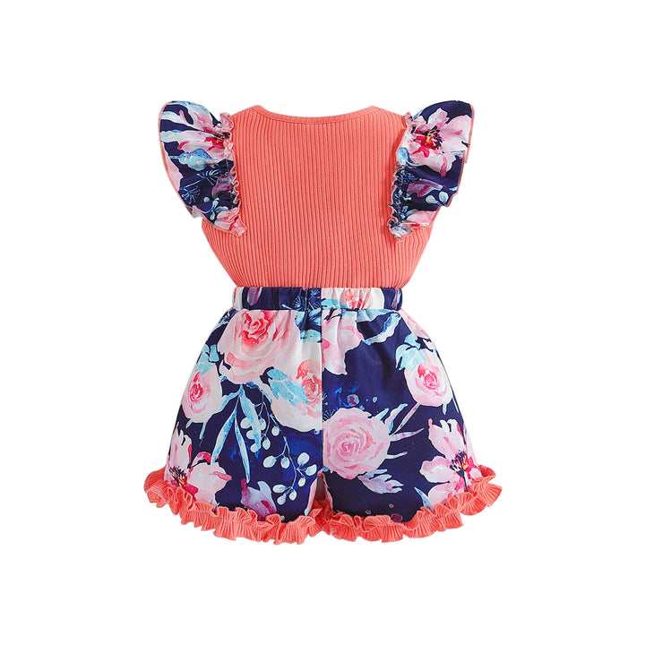Girls Orange Floral Printed Ruffled Top with Shorts