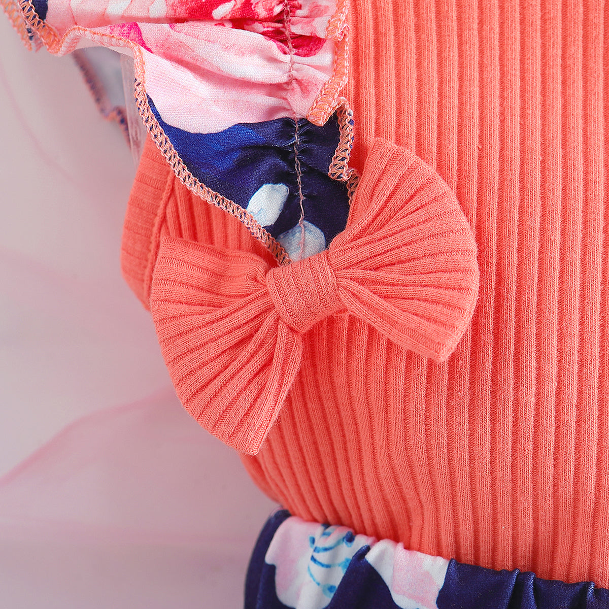 Girls Orange Floral Printed Ruffled Top with Shorts