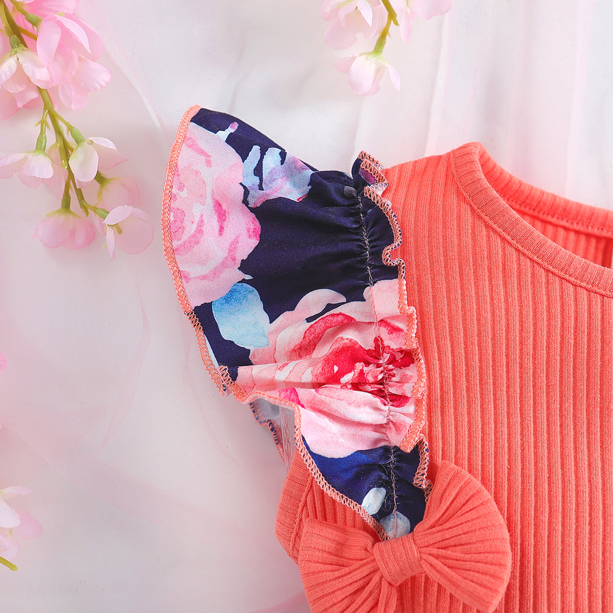 Girls Orange Floral Printed Ruffled Top with Shorts