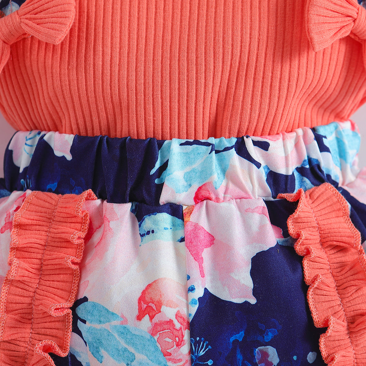 Girls Orange Floral Printed Ruffled Top with Shorts