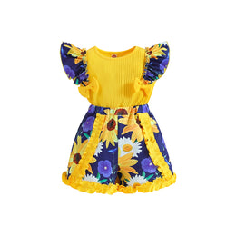 Girls Yellow Colourblocked Round Neck Top With Short