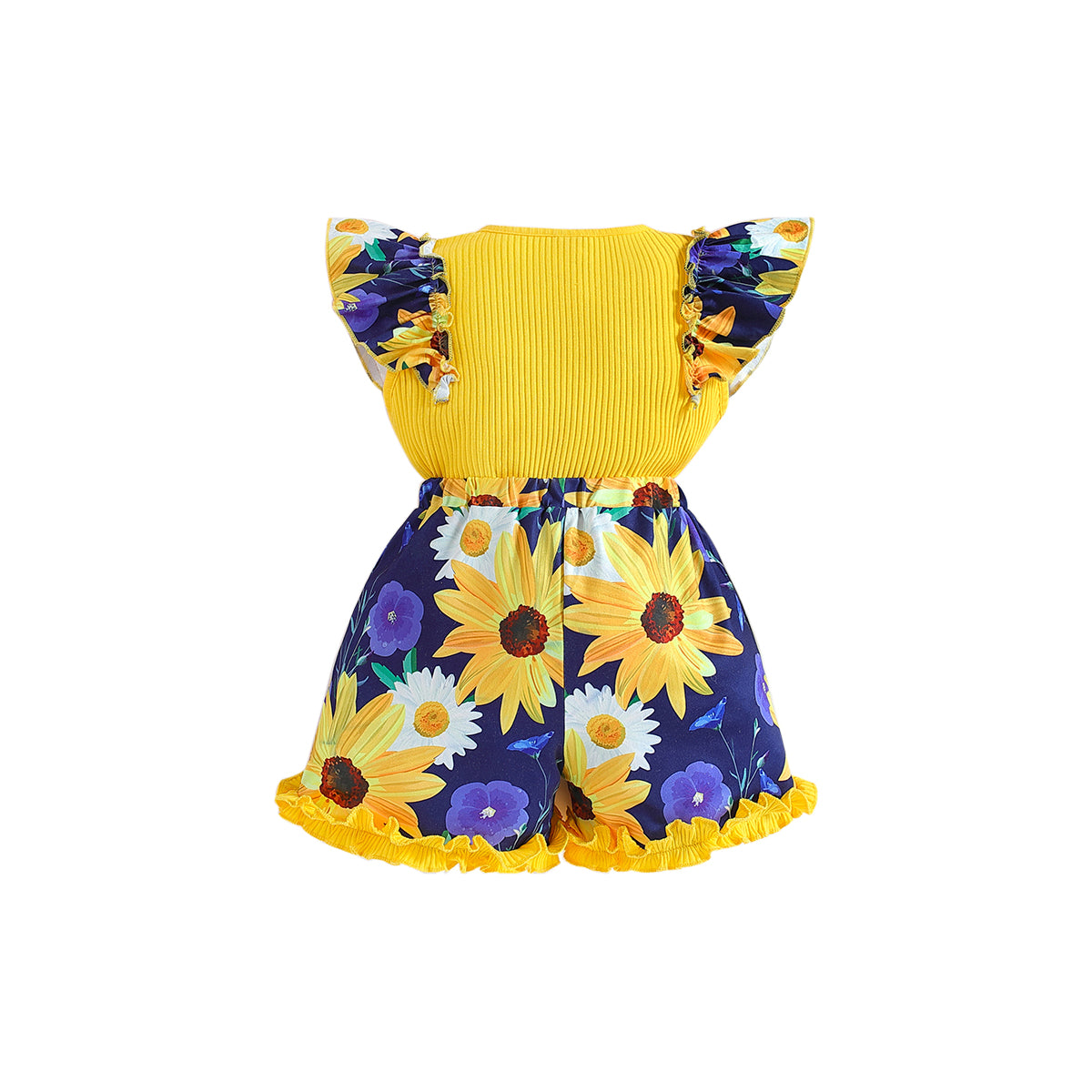 Girls Yellow Colourblocked Round Neck Top With Short