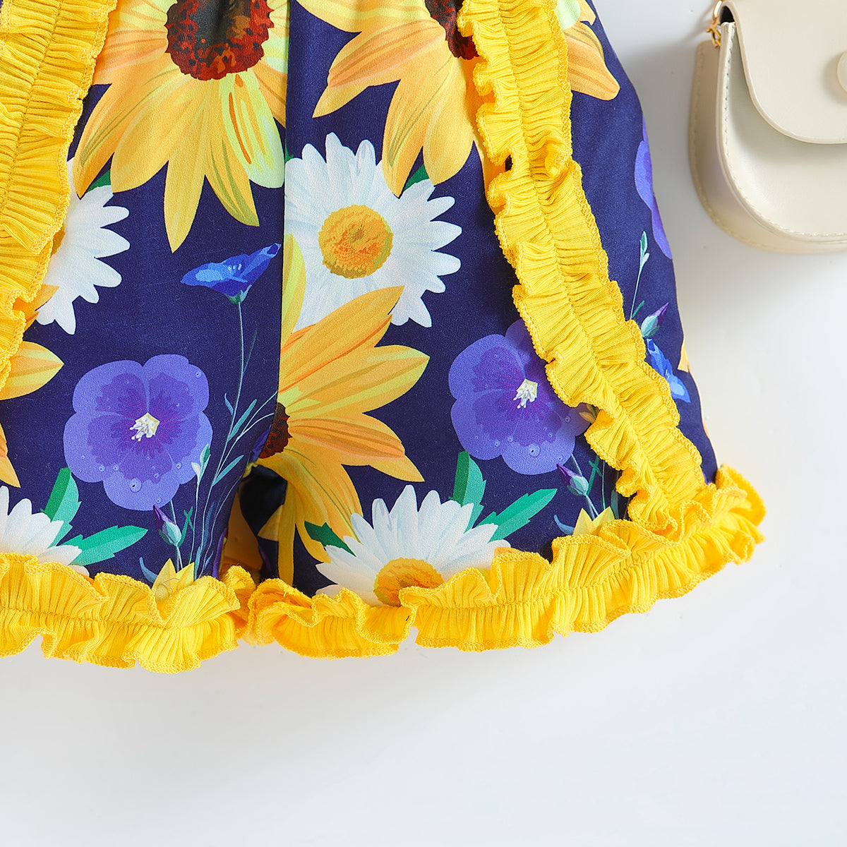 Girls Yellow Colourblocked Round Neck Top With Short