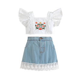 Girls White & Blue Embroidered Top with Skirt