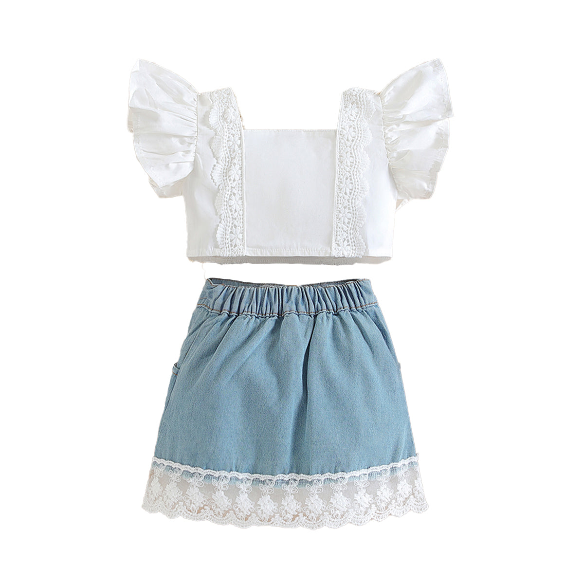 Girls White & Blue Embroidered Top with Skirt
