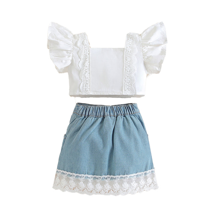 Girls White & Blue Embroidered Top with Skirt