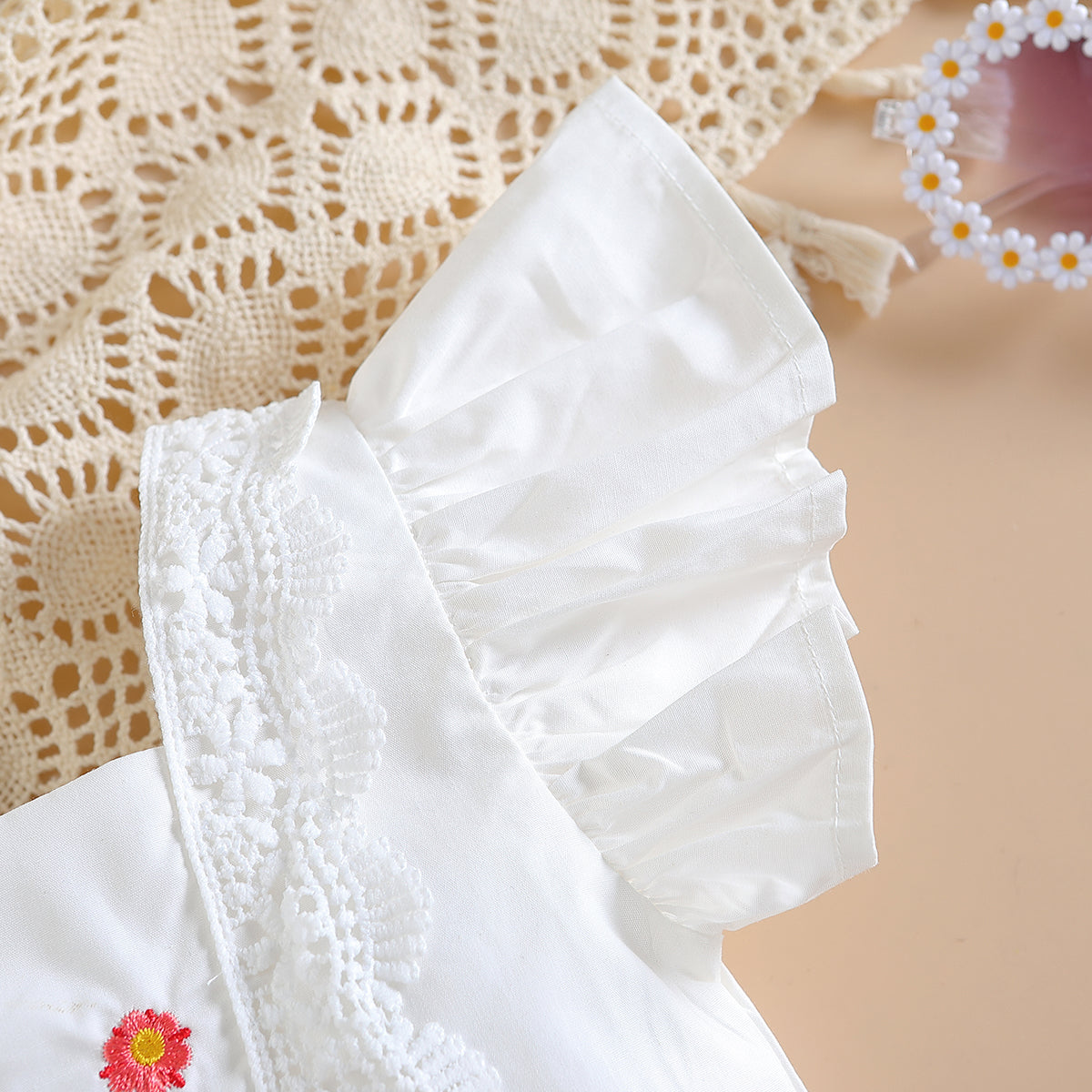 Girls White & Blue Embroidered Top with Skirt