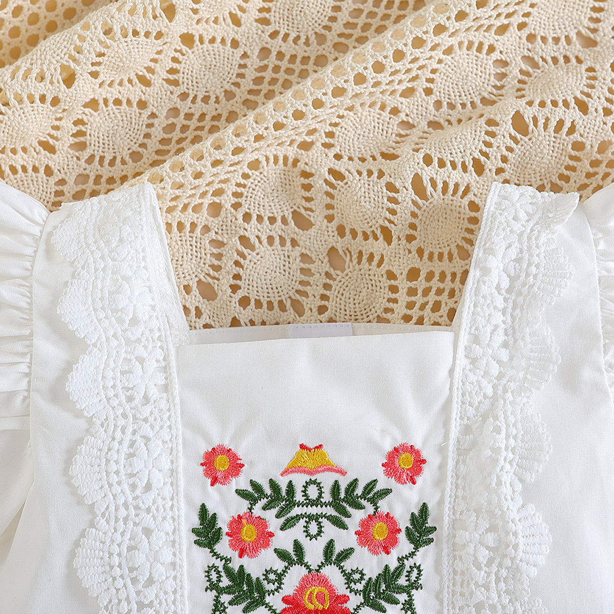 Girls White & Blue Embroidered Top with Skirt