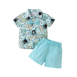 Boys Blue Printed Shirt With Shorts