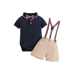 Boys Navy Blue & Beige Bodysuit With Shorts & Suspenders
