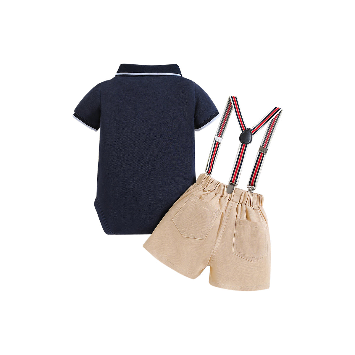 Boys Navy Blue & Beige Bodysuit With Shorts & Suspenders