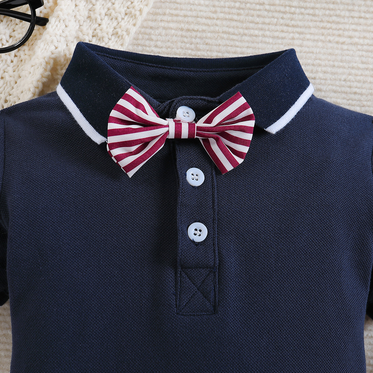 Boys Navy Blue & Beige Bodysuit With Shorts & Suspenders