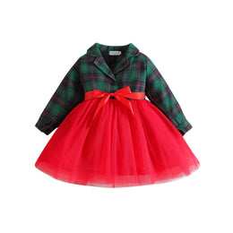 Green & Red Girls  Colourblocked  Shirt Collar Fit & Flare Bow Mini Dress