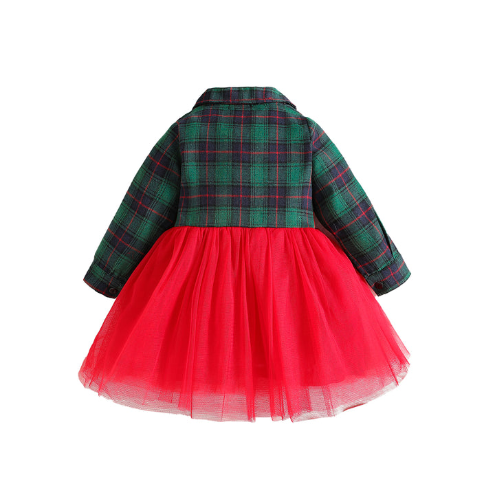 Green & Red Girls  Colourblocked  Shirt Collar Fit & Flare Bow Mini Dress