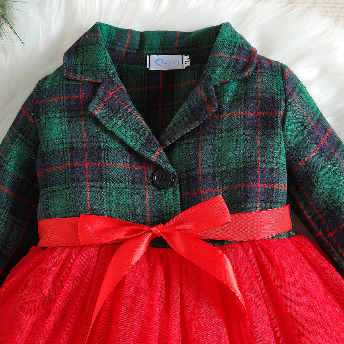 Green & Red Girls  Colourblocked  Shirt Collar Fit & Flare Bow Mini Dress