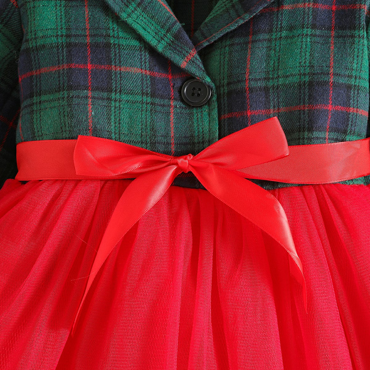 Green & Red Girls  Colourblocked  Shirt Collar Fit & Flare Bow Mini Dress