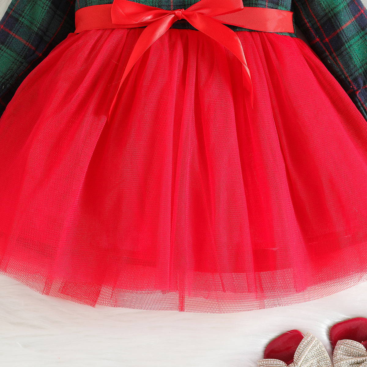 Green & Red Girls  Colourblocked  Shirt Collar Fit & Flare Bow Mini Dress