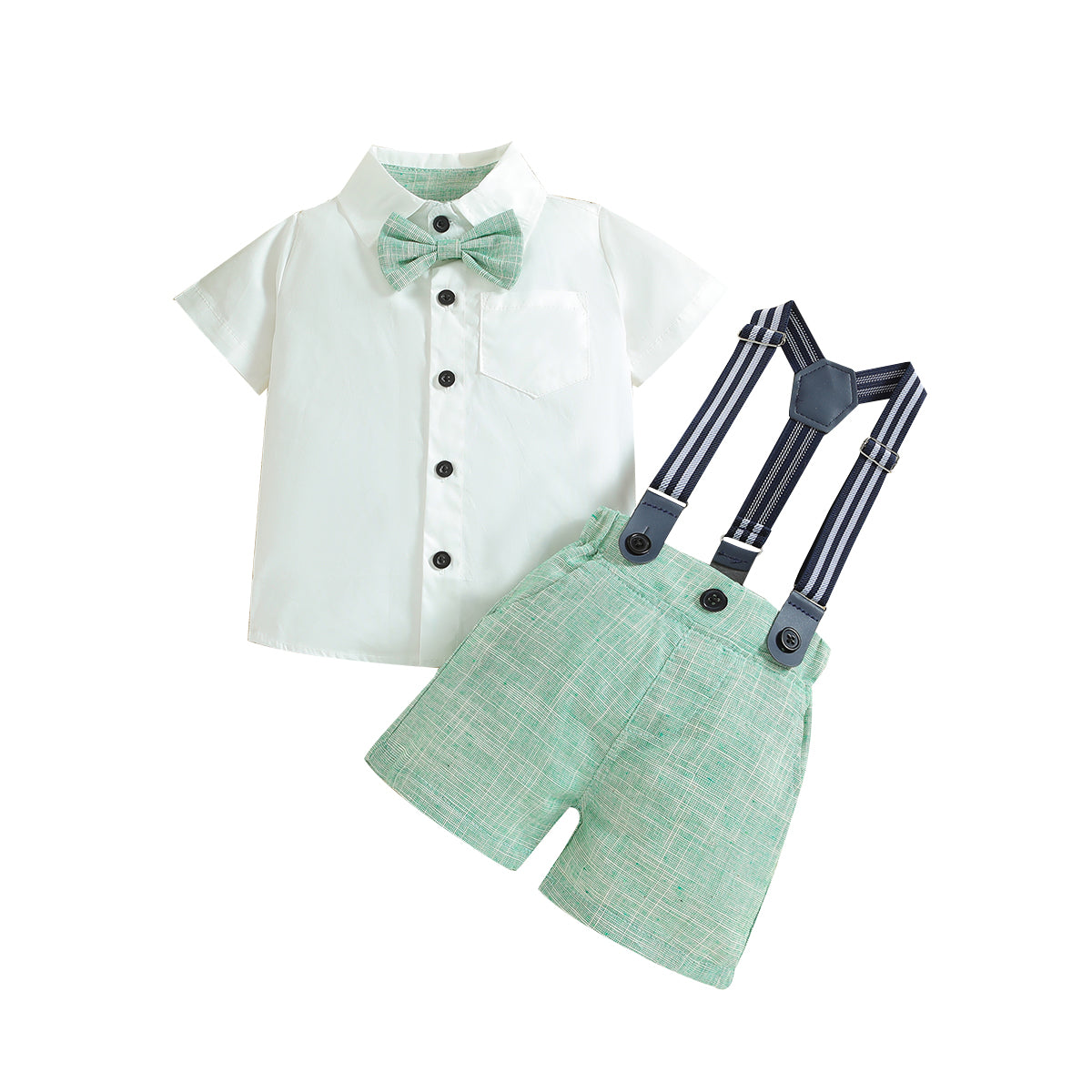 Boys White & Sea Green Shirt & Shorts With Suspenders