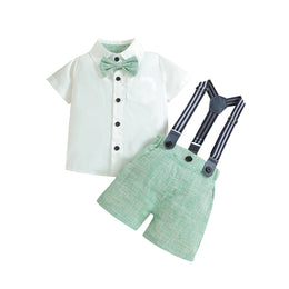 Boys White & Sea Green Shirt & Shorts With Suspenders