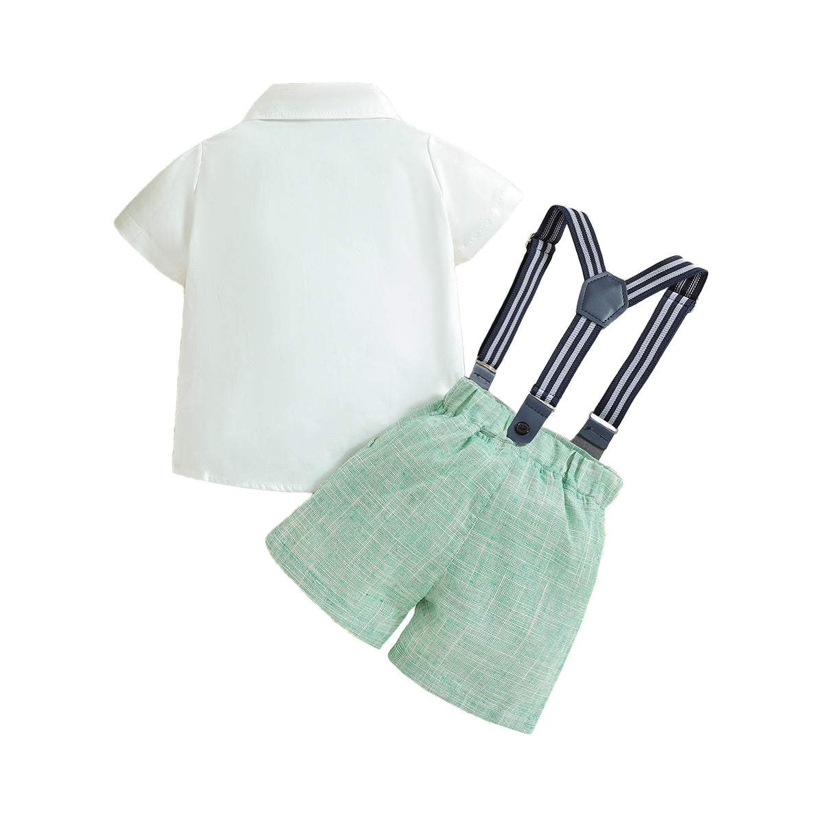 Boys White & Sea Green Shirt & Shorts With Suspenders