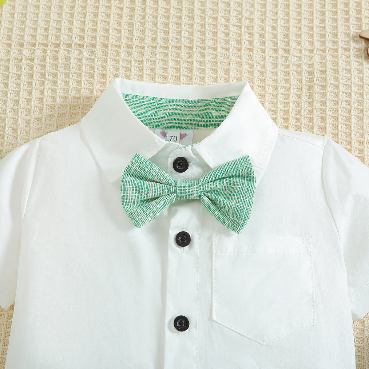Boys White & Sea Green Shirt & Shorts With Suspenders