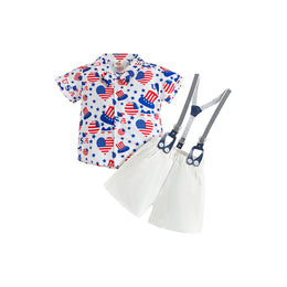 Boys White Graphic Printed Shirt Collar Shirt & Shorts With Suspenders